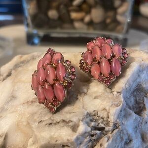 Vintage Pink Rhinestone Clip On Earrings